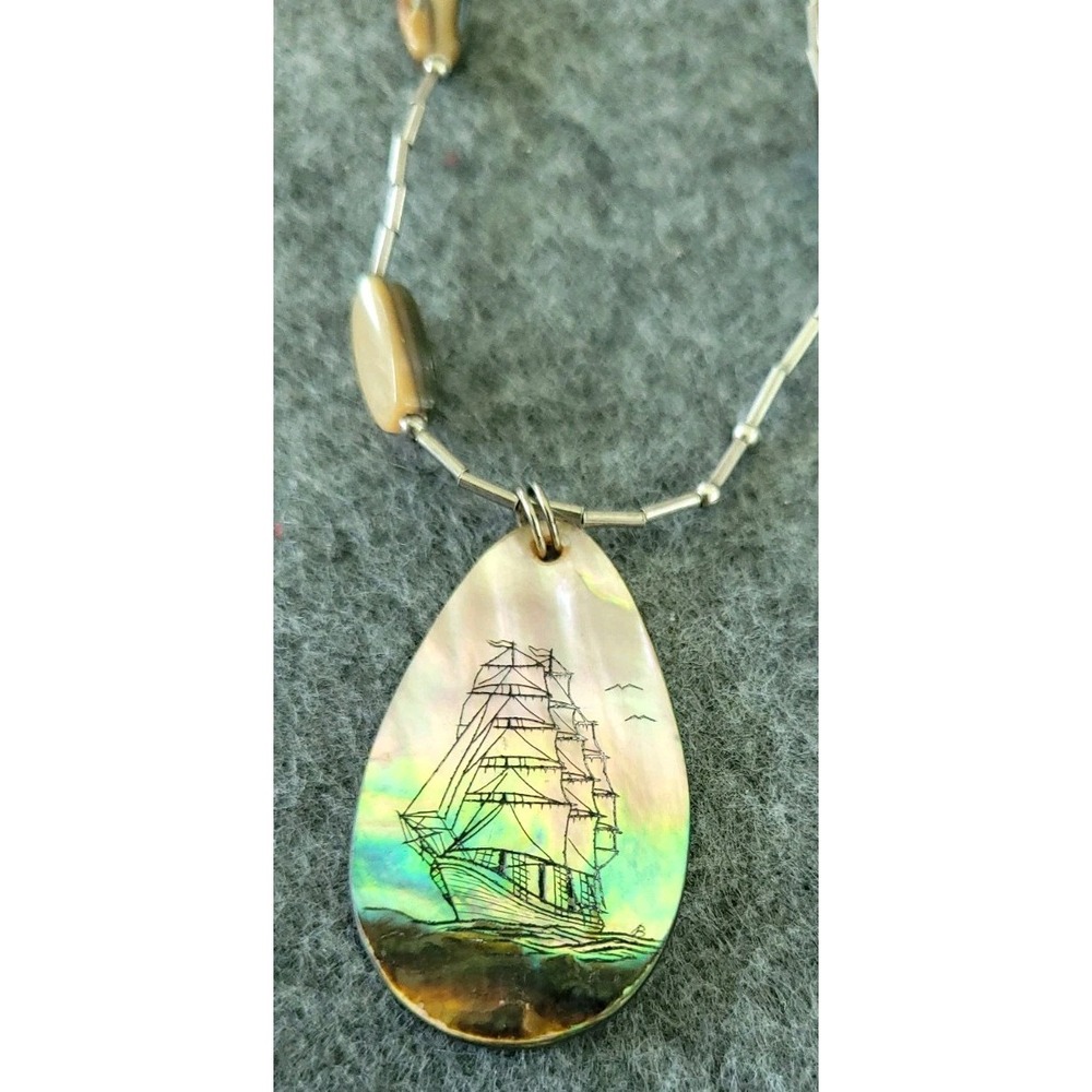 Abalone Shell Etched Sailing Ship Pendant Necklace Paua Beads 17in